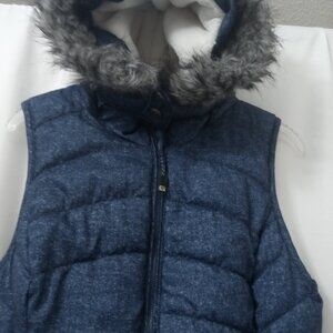 Green Tea Hooded Puffer Quilted Vest Faux Fur Lined Removable Hood Blue Size M